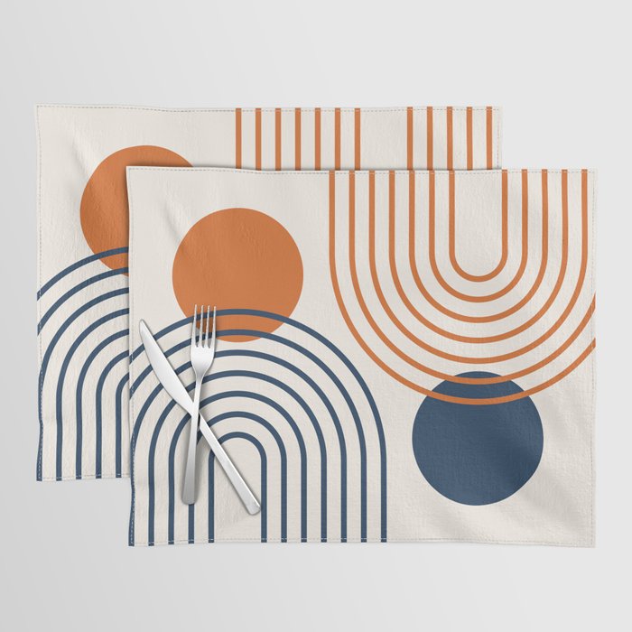 Mid Century Modern Geometric 199 in Navy Blue Orange Placemat Gallery Image 1