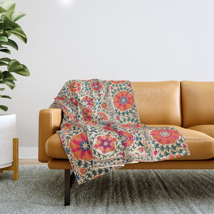 Kermina Suzani Uzbekistan Embroidery Print Throw Blanket Gallery Image 1