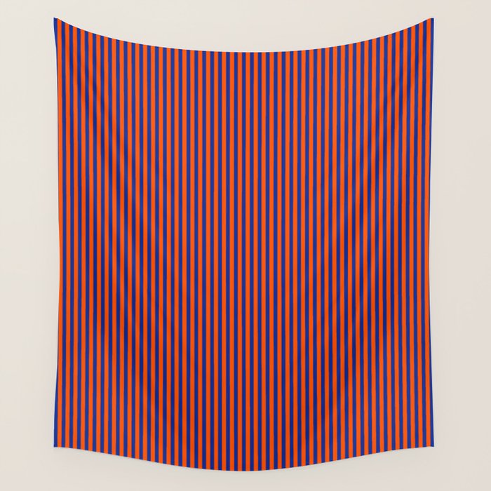 Ultra Fine Stripe Narrow Vertical Pinstripe Pattern in Bold Blue and Orange Wall Tapestry Gallery Image 4
