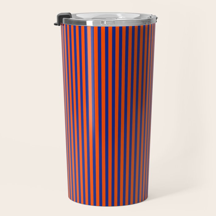 Ultra Fine Stripe Narrow Vertical Pinstripe Pattern in Bold Blue and Orange Travel Mug Gallery Image 3