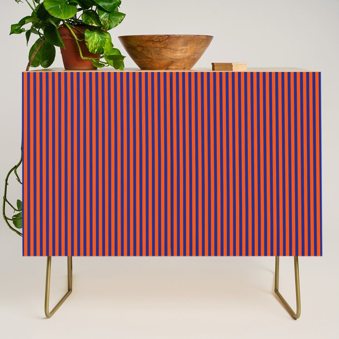 Ultra Fine Stripe Narrow Vertical Pinstripe Pattern in Bold Blue and Orange Credenza Gallery Image 1