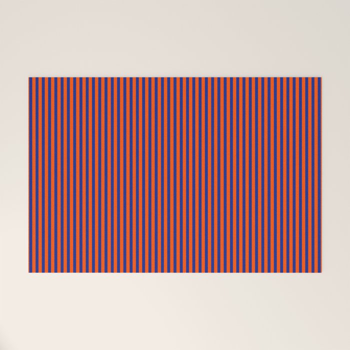 Ultra Fine Stripe Narrow Vertical Pinstripe Pattern in Bold Blue and Orange Welcome Mat Gallery Image 1