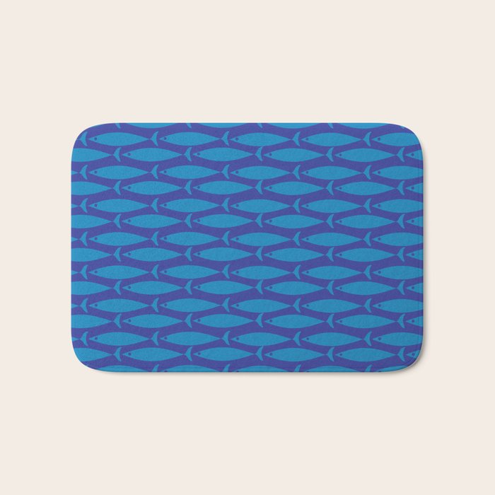 Mid Century Modern Fish Pattern in Double Blue Bath Mat Gallery Image 1
