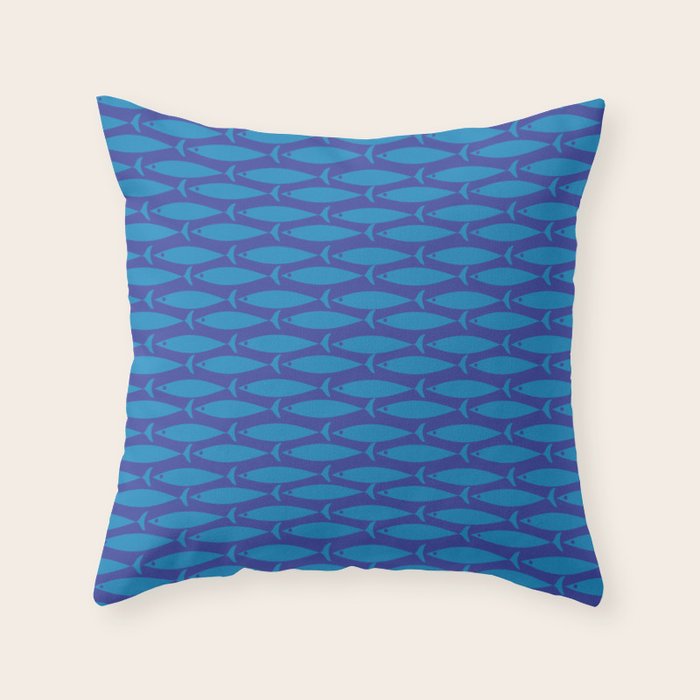 Mid Century Modern Fish Pattern in Double Blue Throw Pillow Gallery Image 1