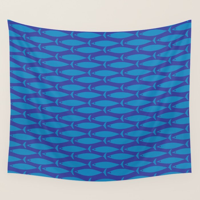 Mid Century Modern Fish Pattern in Double Blue Wall Tapestry Gallery Image 4