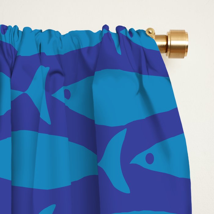 Mid Century Modern Fish Pattern in Double Blue Window Curtain Gallery Image 2
