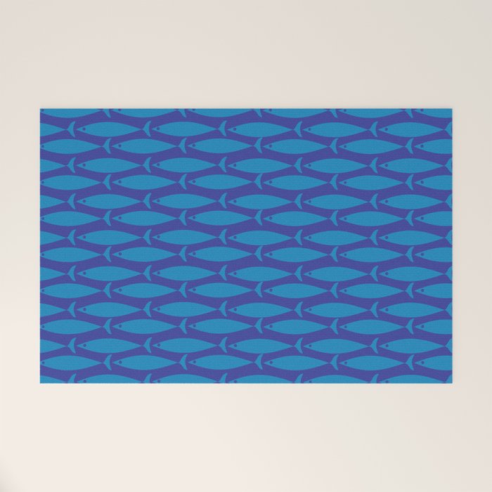 Mid Century Modern Fish Pattern in Double Blue Welcome Mat Gallery Image 1