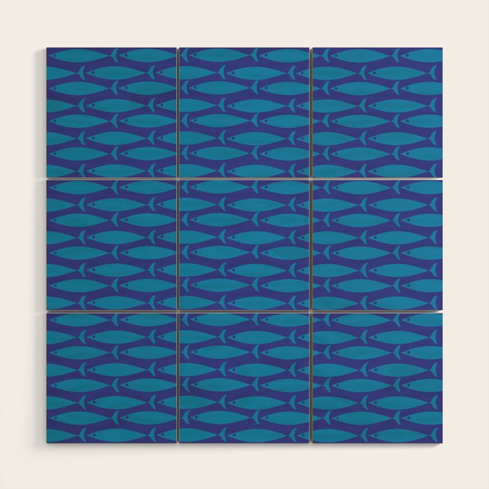 Mid Century Modern Fish Pattern in Double Blue Wood Wall Art Gallery Image 1
