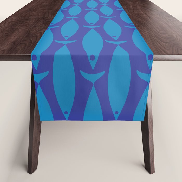 Mid Century Modern Fish Pattern in Double Blue Table Runner Gallery Image 1