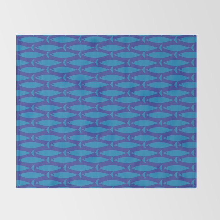 Mid Century Modern Fish Pattern in Double Blue Throw Blanket Gallery Image 2
