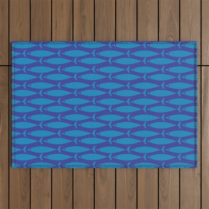 Mid Century Modern Fish Pattern in Double Blue Outdoor Rug Gallery Image 1