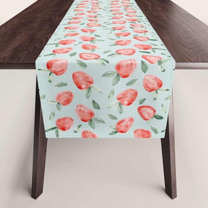Watercolor painting of tropical strawberries on light greenish blue pattern Table Runner Gallery Image 1