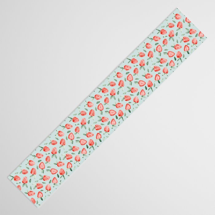 Watercolor painting of tropical strawberries on light greenish blue pattern Table Runner Gallery Image 3
