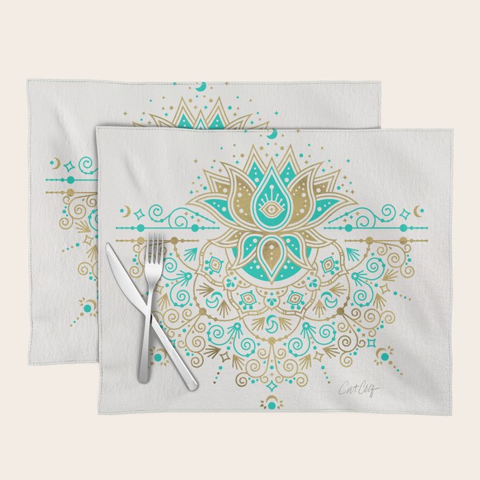 Sacred Lotus Mandala - Turquoise & Gold Palette Placemat Gallery Image 1