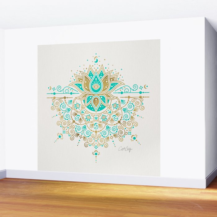 Sacred Lotus Mandala - Turquoise & Gold Palette Wall Mural Gallery Image 2