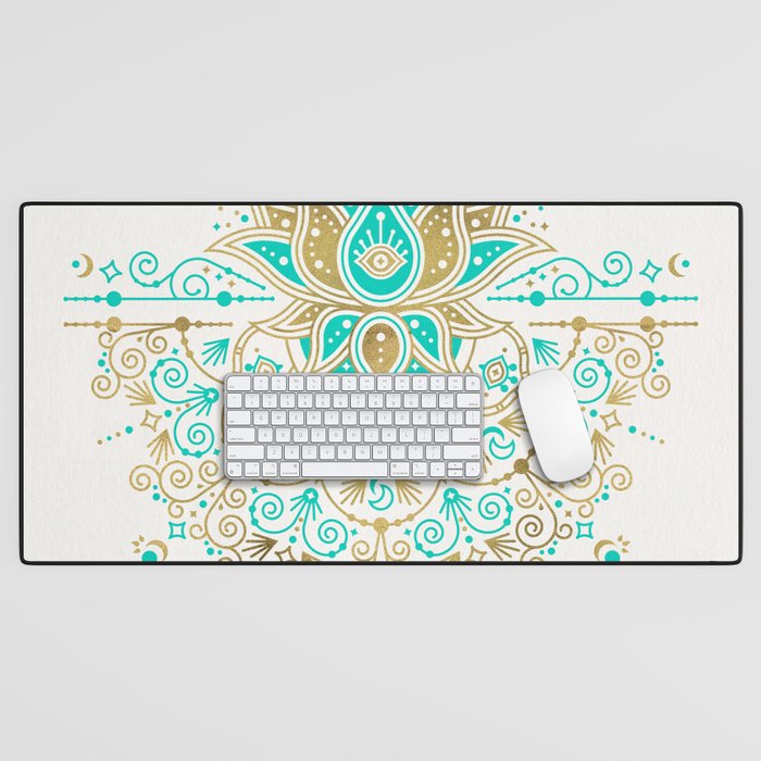 Sacred Lotus Mandala - Turquoise & Gold Palette Desk Mat Gallery Image 1