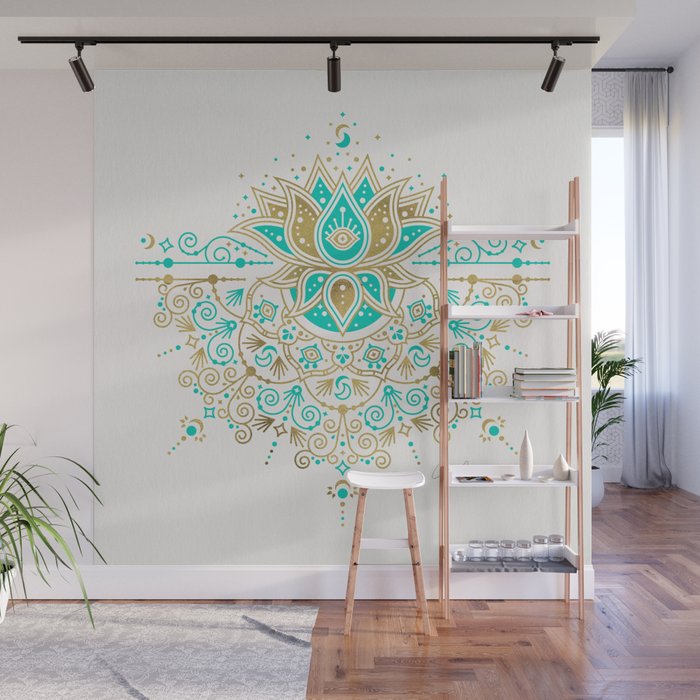 Sacred Lotus Mandala - Turquoise & Gold Palette Wall Mural Gallery Image 1