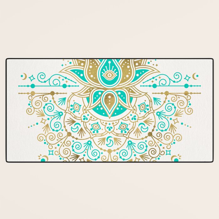 Sacred Lotus Mandala - Turquoise & Gold Palette Desk Mat Gallery Image 3