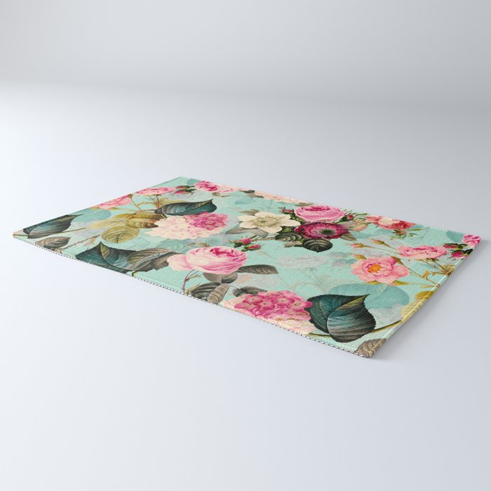 Vintage & Shabby Chic - Summer Teal Roses Flower Garden Rug Gallery Image 3