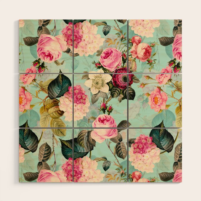 Vintage & Shabby Chic - Summer Teal Roses Flower Garden Wood Wall Art Gallery Image 1