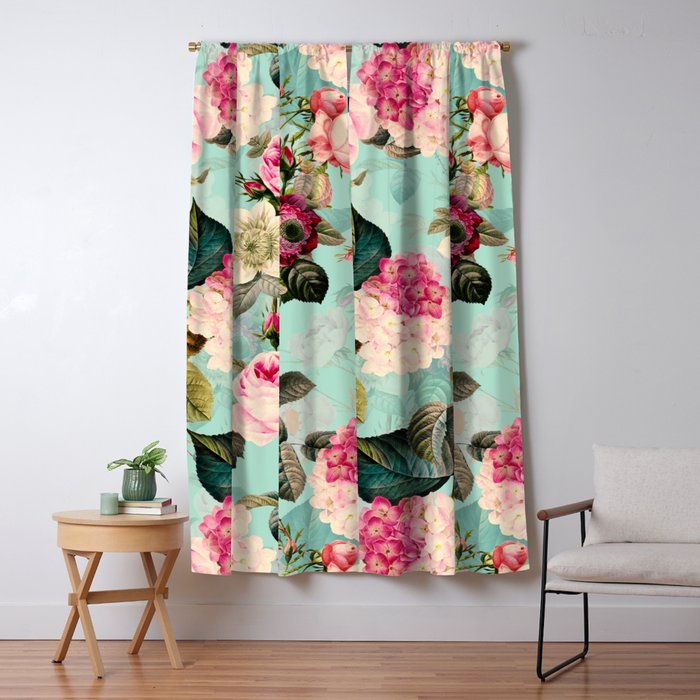 Vintage & Shabby Chic - Summer Teal Roses Flower Garden Window Curtain Gallery Image 5