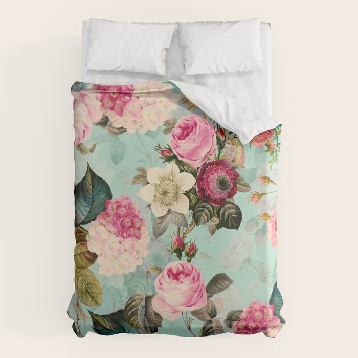 Vintage & Shabby Chic - Summer Teal Roses Flower Garden Duvet Cover Gallery Image 1