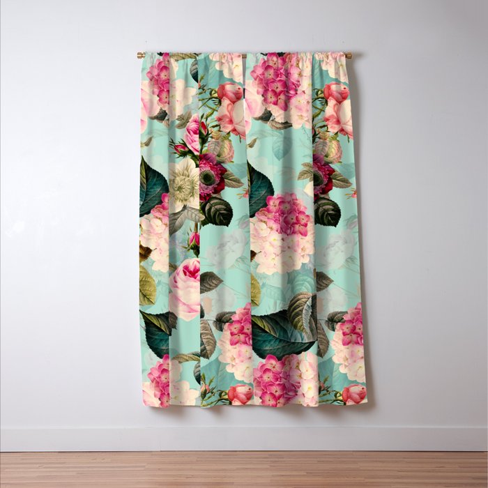 Vintage & Shabby Chic - Summer Teal Roses Flower Garden Window Curtain Gallery Image 3