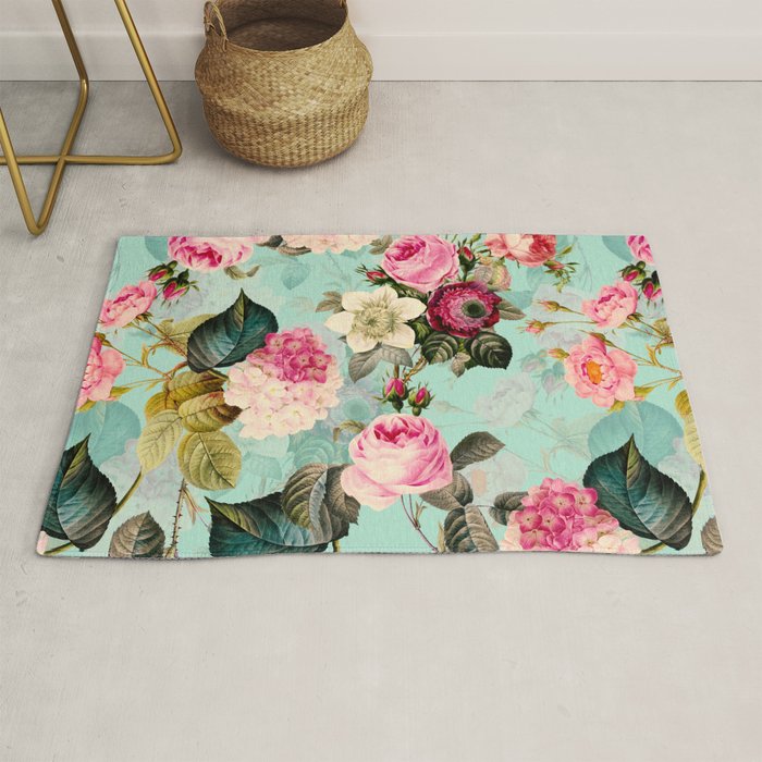 Vintage & Shabby Chic - Summer Teal Roses Flower Garden Rug Gallery Image 1