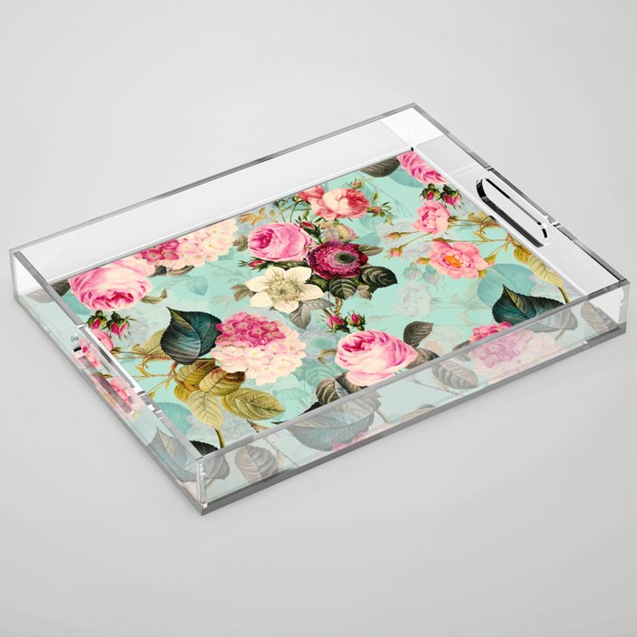 Vintage & Shabby Chic - Summer Teal Roses Flower Garden Acrylic Tray Gallery Image 1
