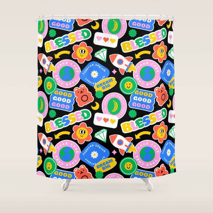 Retro cartoon sticker label pattern Shower Curtain Gallery Image 1