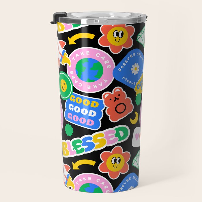 Retro cartoon sticker label pattern Travel Mug Gallery Image 3