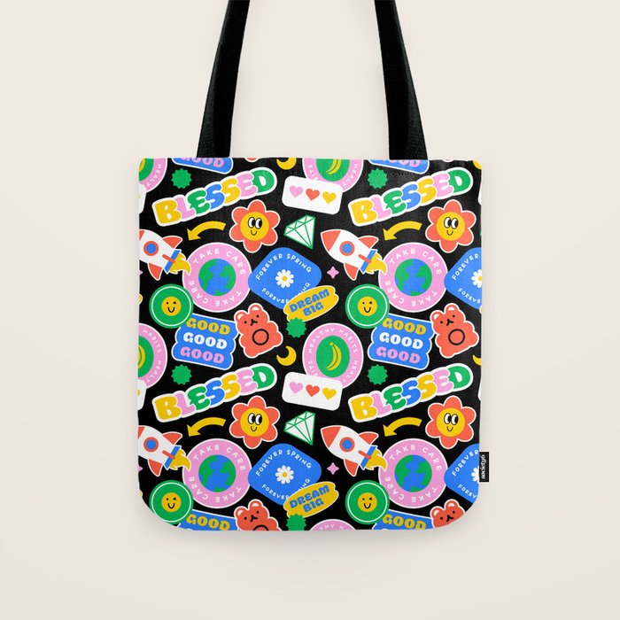 Retro cartoon sticker label pattern Tote Bag Gallery Image 1