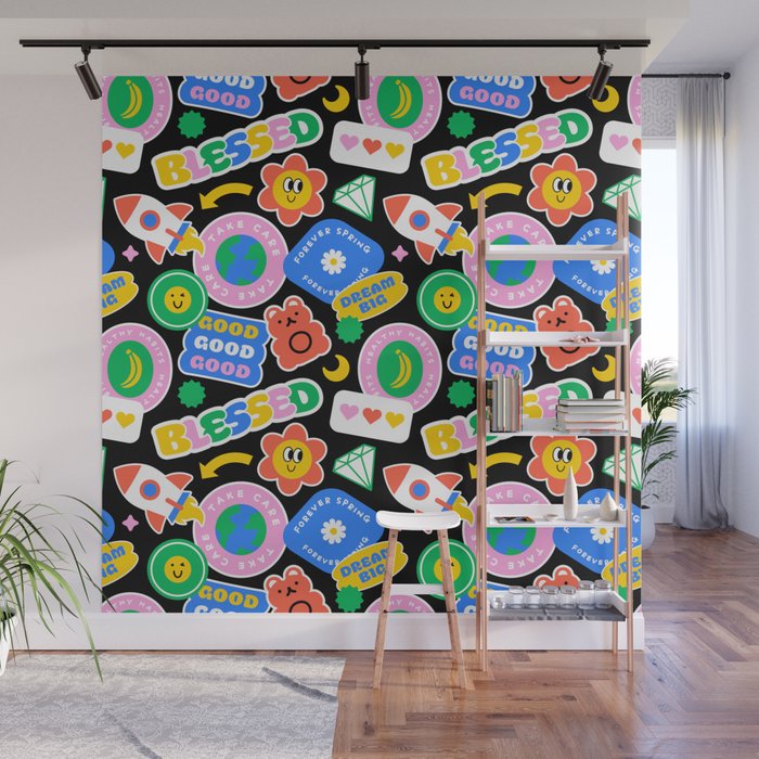 Retro cartoon sticker label pattern Wall Mural Gallery Image 1
