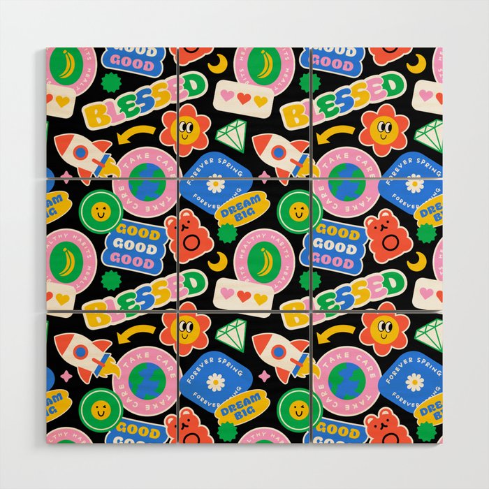 Retro cartoon sticker label pattern Wood Wall Art Gallery Image 1