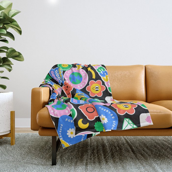 Retro cartoon sticker label pattern Throw Blanket Gallery Image 1