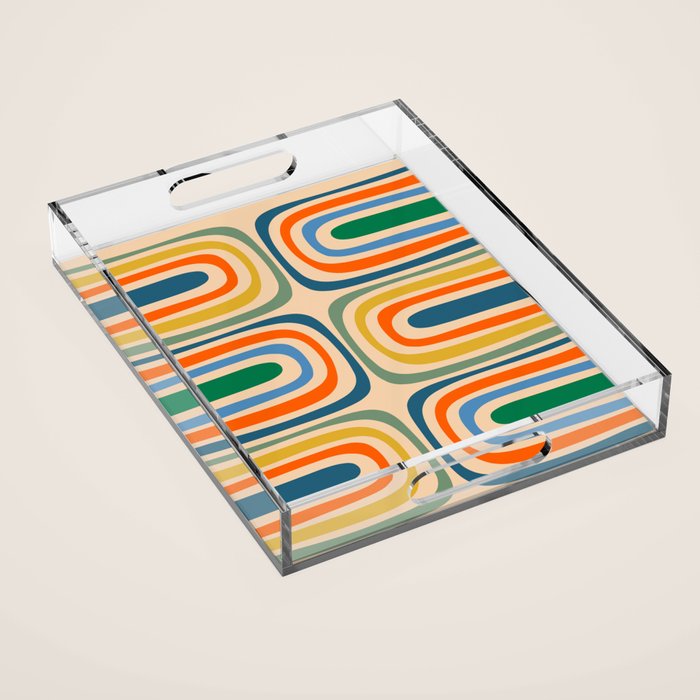 Retro Confaab Abstract Vertical Pattern Blue Orange Green Mustard Apricot Acrylic Tray Gallery Image 1