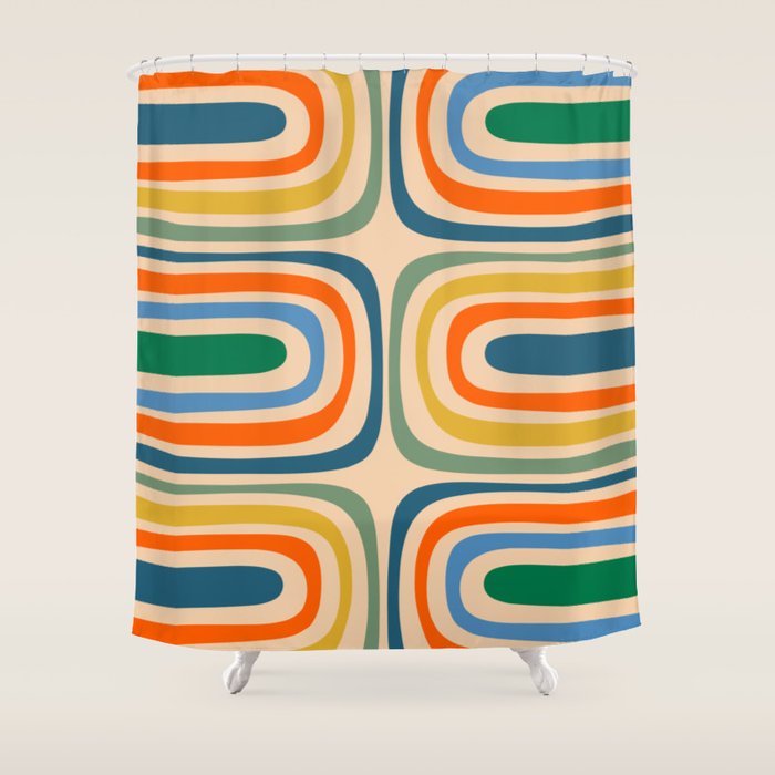 Retro Confaab Abstract Vertical Pattern Blue Orange Green Mustard Apricot Shower Curtain Gallery Image 1