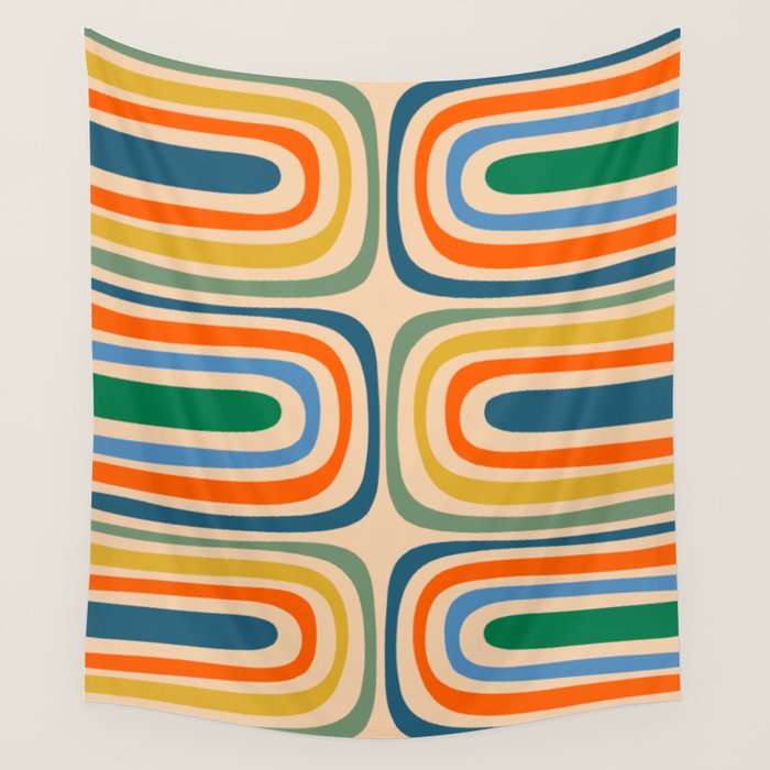 Retro Confaab Abstract Vertical Pattern Blue Orange Green Mustard Apricot Wall Tapestry Gallery Image 1