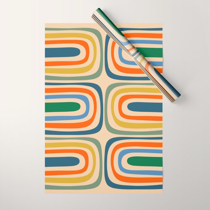 Retro Confaab Abstract Vertical Pattern Blue Orange Green Mustard Apricot Wrapping Paper Gallery Image 1