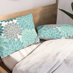 Dahlia Floral Blooms in Teal and Gray Pillow Sham Gallery Image 2