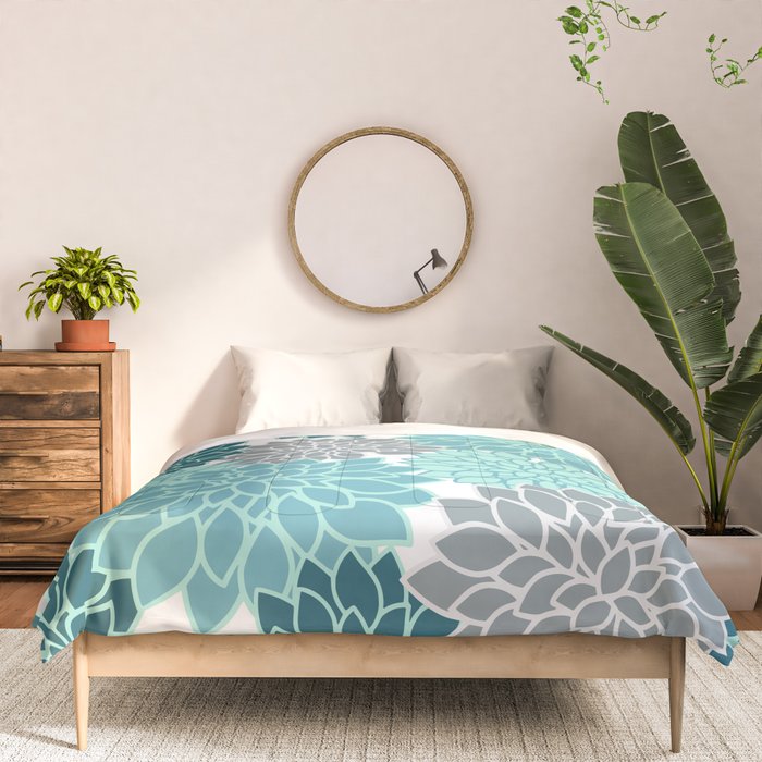 Dahlia Floral Blooms in Teal and Gray Comforter Gallery Image 3