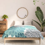 Dahlia Floral Blooms in Teal and Gray Comforter Gallery Image 3
