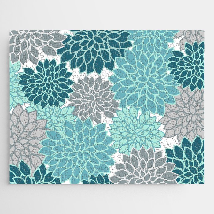 Dahlia Floral Blooms in Teal and Gray Jigsaw Puzzle Gallery Image 1