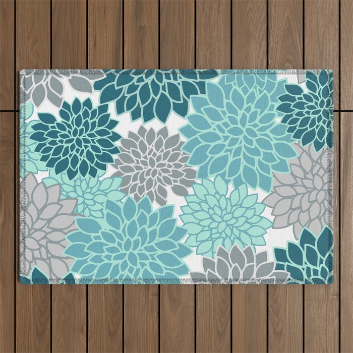 Dahlia Floral Blooms in Teal and Gray Outdoor Rug Gallery Image 1