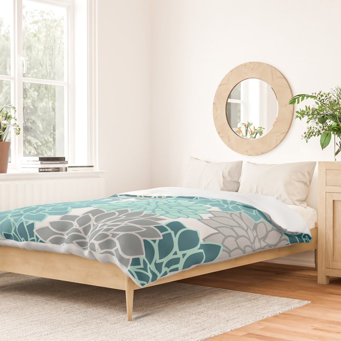 Dahlia Floral Blooms in Teal and Gray Duvet Cover Gallery Image 2