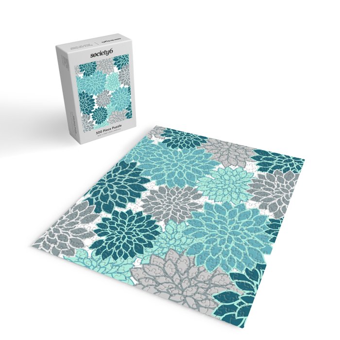 Dahlia Floral Blooms in Teal and Gray Jigsaw Puzzle Gallery Image 2