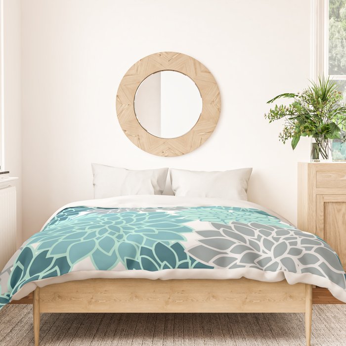 Dahlia Floral Blooms in Teal and Gray Duvet Cover Gallery Image 3