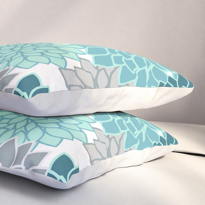 Dahlia Floral Blooms in Teal and Gray Pillow Sham Gallery Image 3