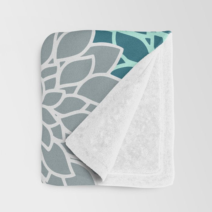 Dahlia Floral Blooms in Teal and Gray Throw Blanket Gallery Image 3