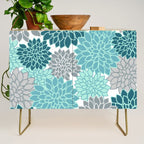 Dahlia Floral Blooms in Teal and Gray Credenza Gallery Image 1
